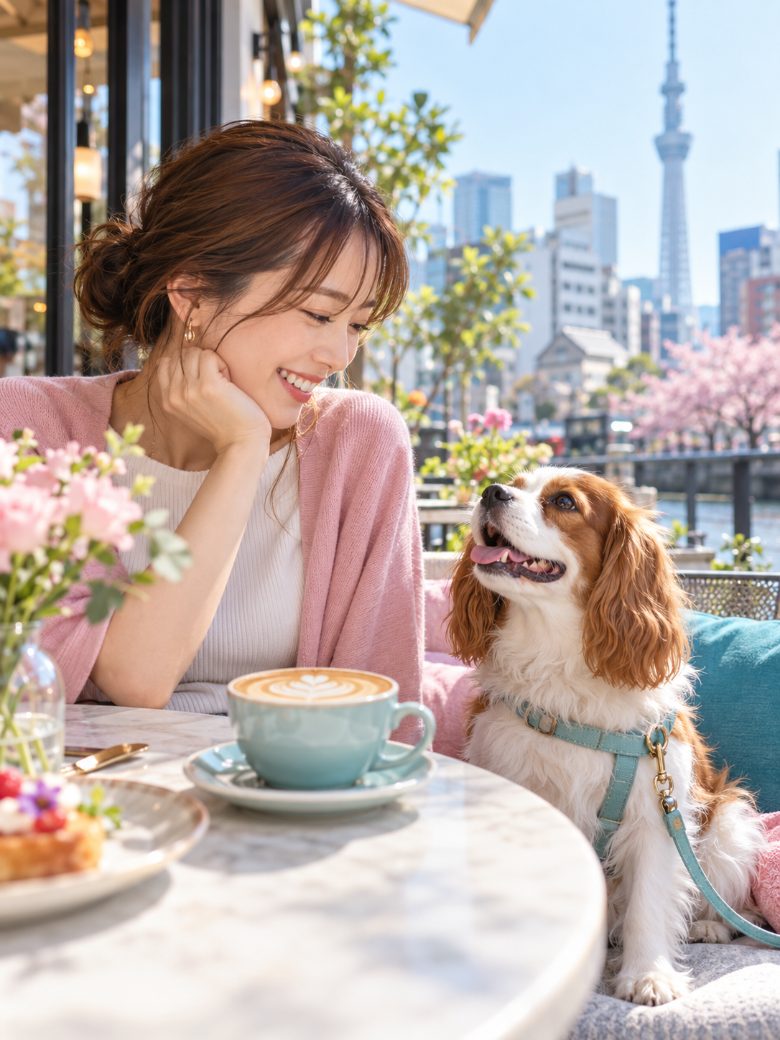 A dog with its owner at a café terrace