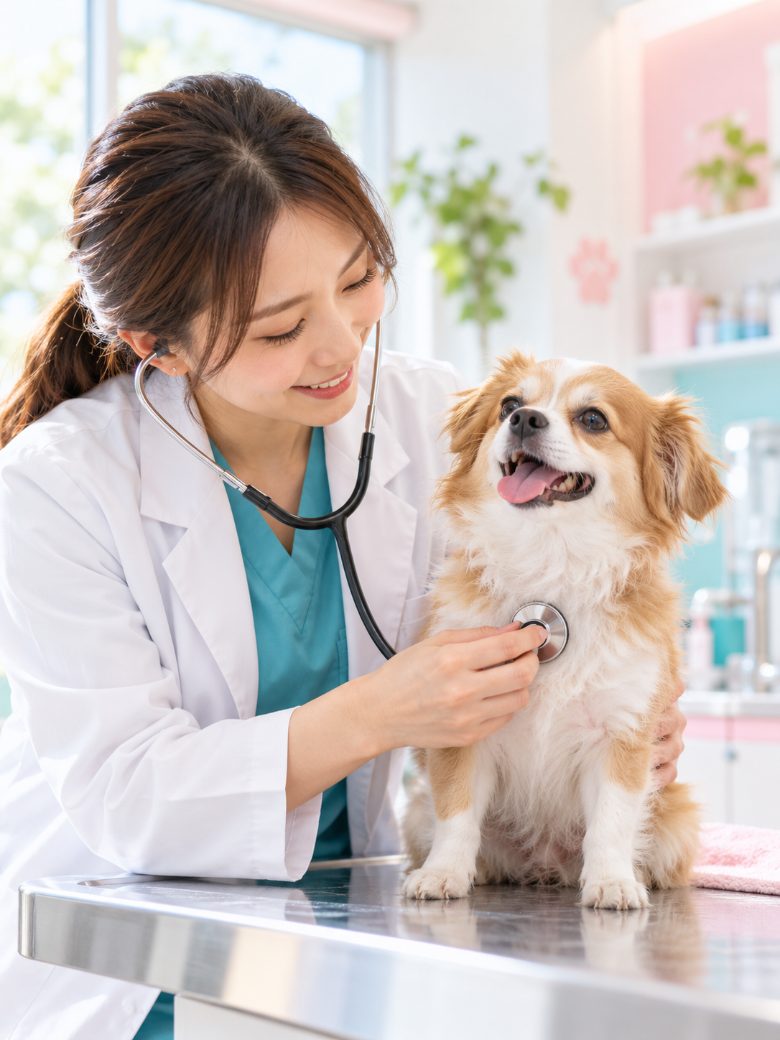 A vet examining a small dog